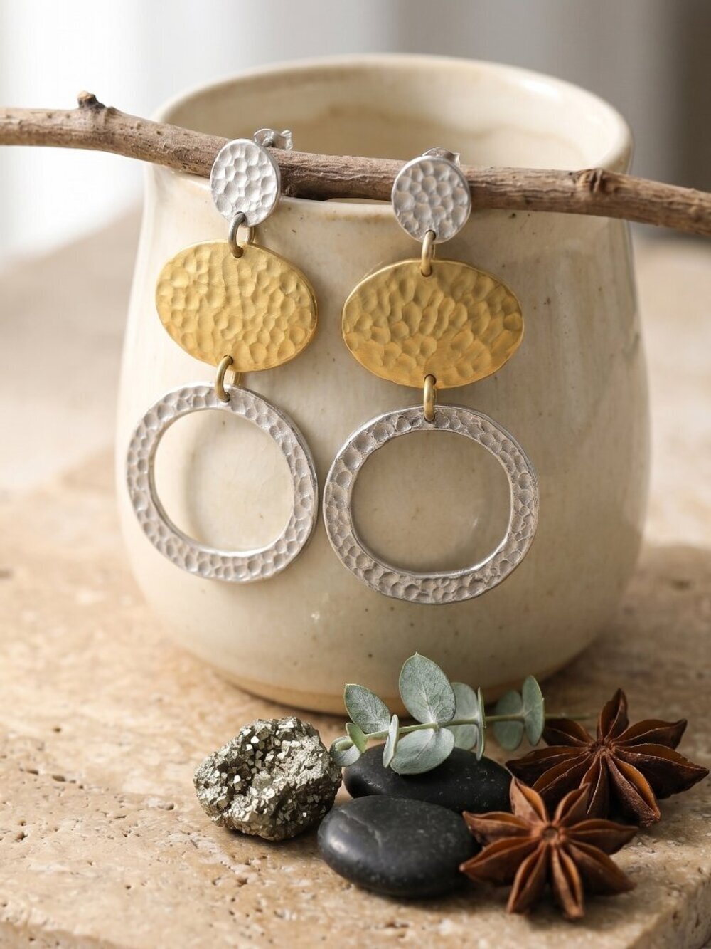 18K Gold Plated Silver Hammered Boho Geometric Statement Drop Earrings 2.6in